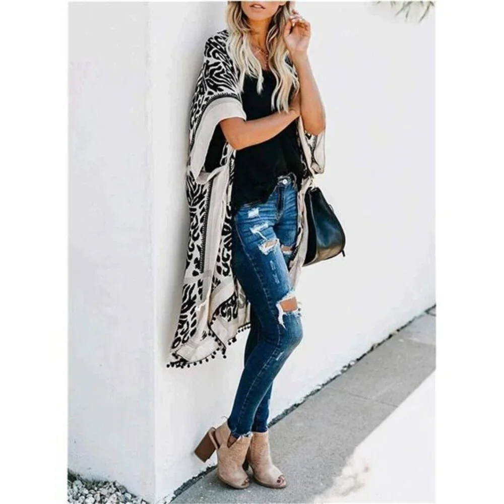Women's Floral Kimono Cardigan Tassel Beach Cover-Up Swimwear Summer Vacation - Picture 5 of 6